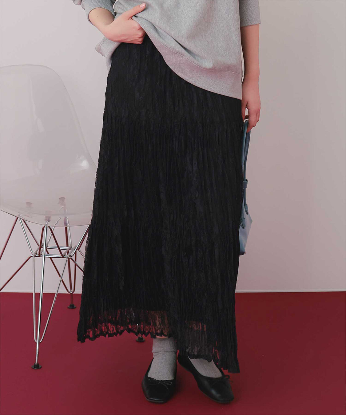 titivate「ワッシャーレーススカート」|スカート|ブラック