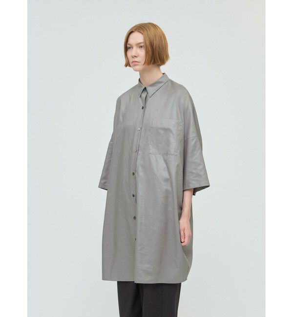 mizuiro ind「mizuiro ind グロッシーワイドハーフスリーブシャツワンピース」|ワンピース|