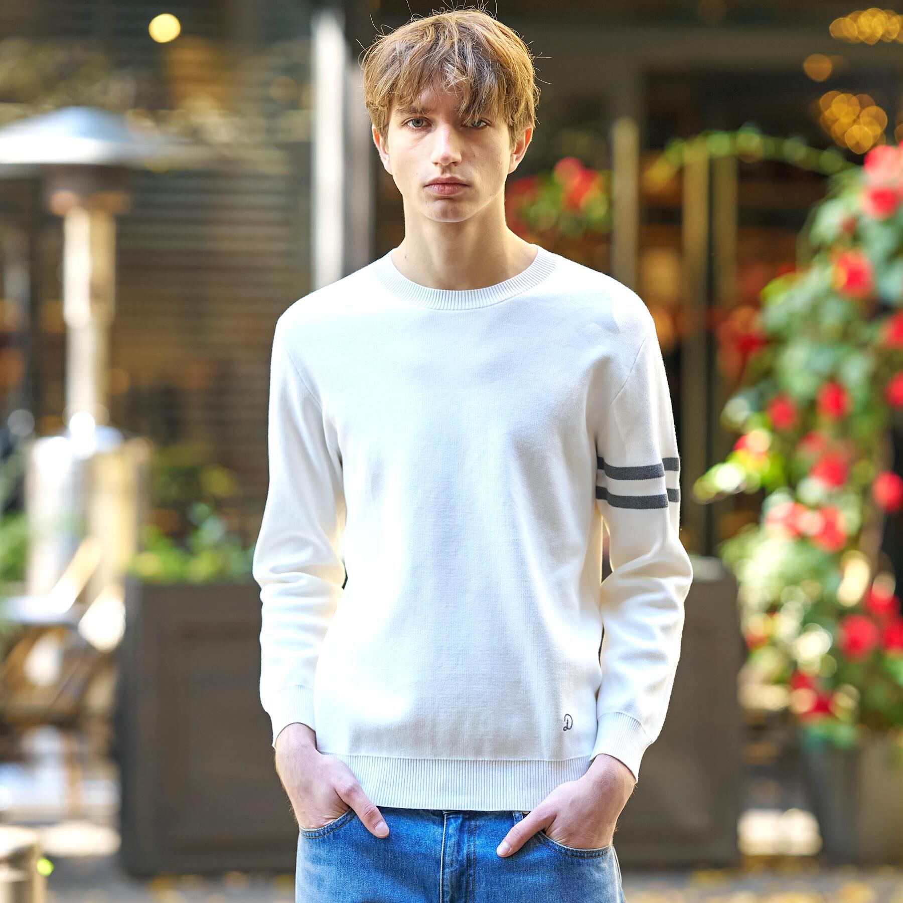 DRESSTERIOR「コットンスムース アームラインクルーネック」|ニット・セーター|ホワイト(001)