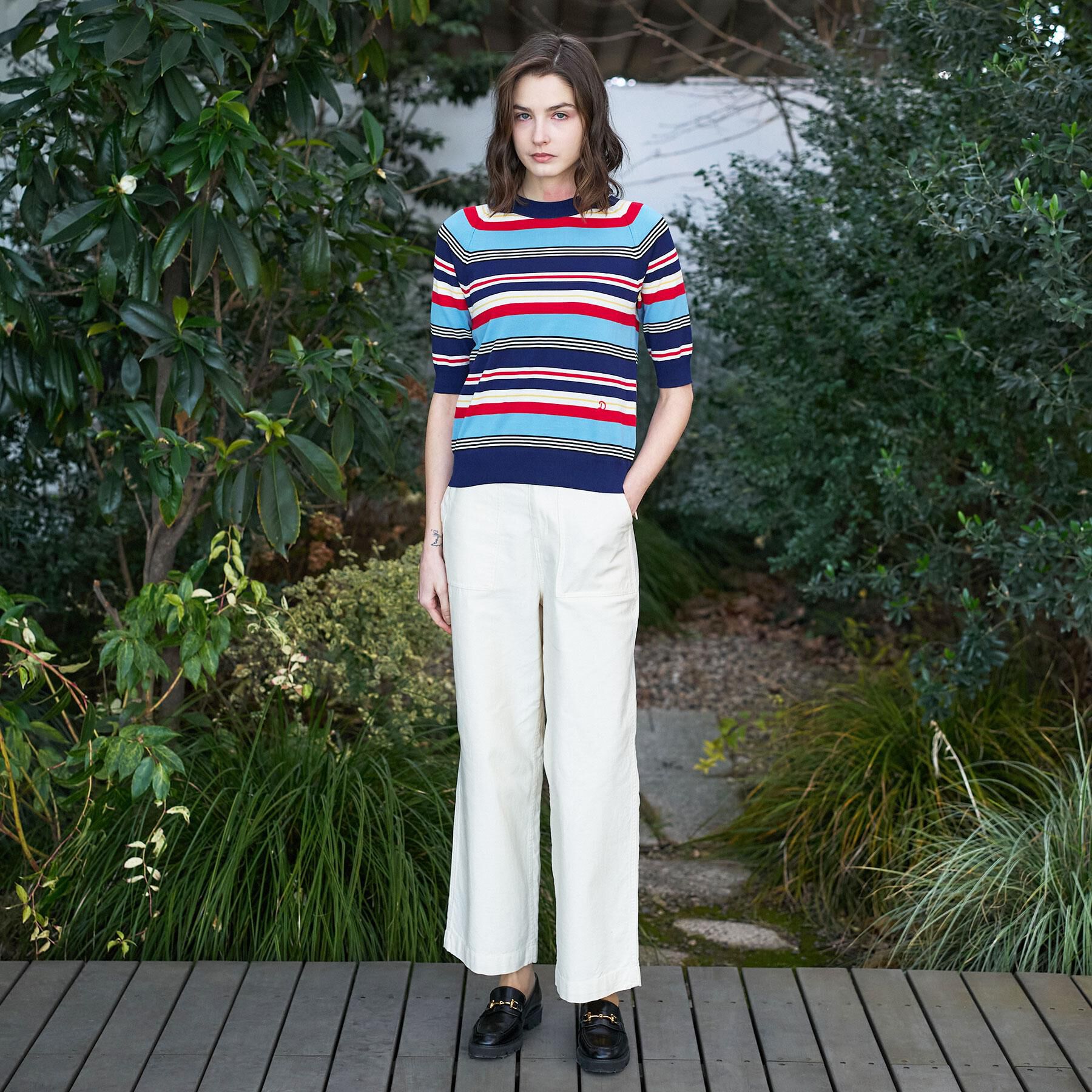 DRESSTERIOR「コットンシルクボーダーハーフスリーブニット」|ニット・セーター|