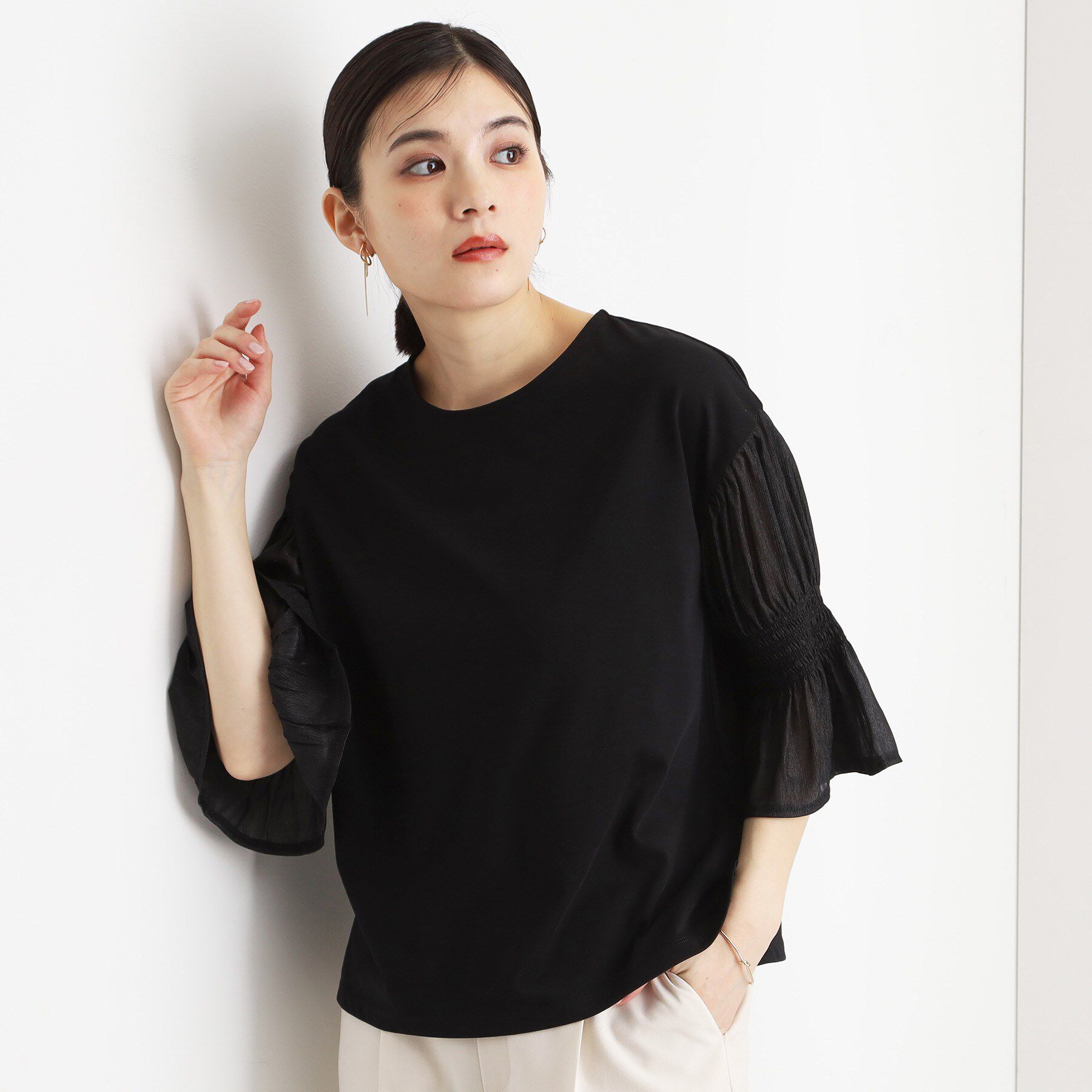 THE SHOP TK「袖シャーリングシアープルオーバー【洗濯機OK】」|Tシャツ・カットソー|ブラック(019)