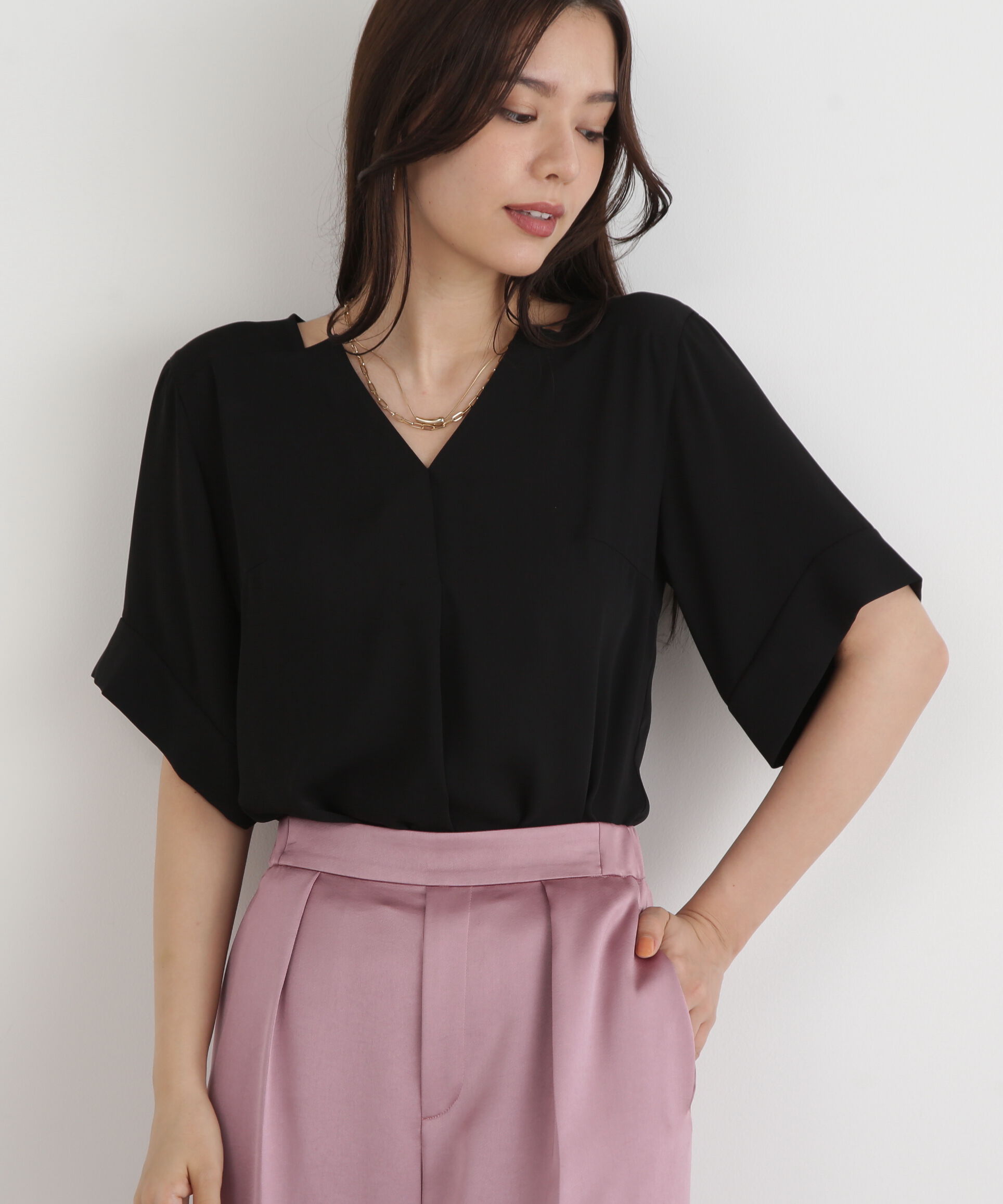  「◆ハーフスリーブＶネックブラウス」|シャツ・ブラウス|