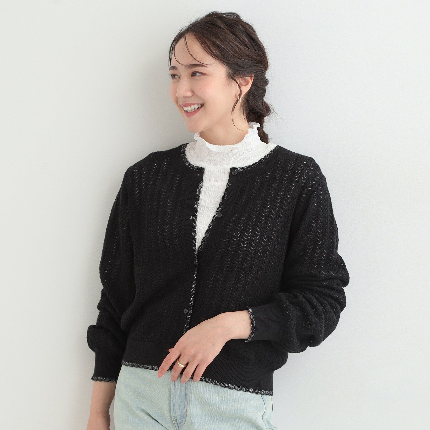 SHOO･LA･RUE「編み柄が上品 ラメ入り透かし編みカーディガン」|カーディガン|