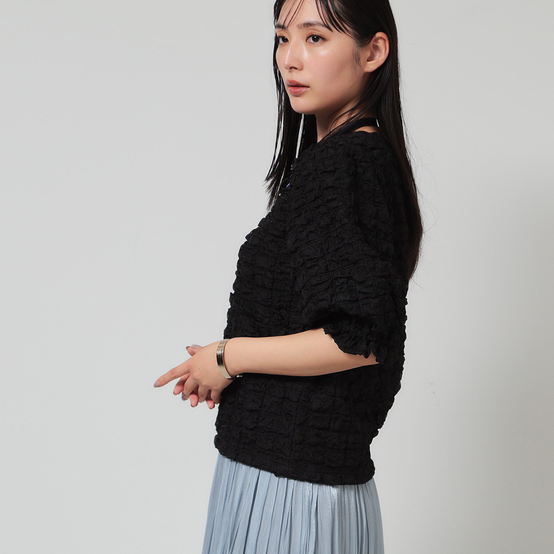 SunaUna「【今すぐ活躍！／パフスリーブ】ジャカードプルオーバー」|Tシャツ・カットソー|ブラック(019)