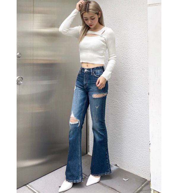 GYDA「ミドルウエストSIDE RIPPEDフレアデニムパンツ」|デニム|