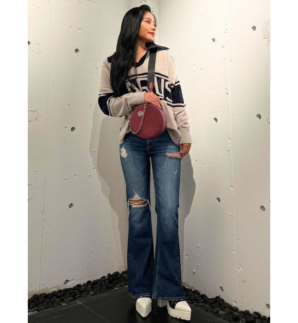 GYDA「ミドルウエストSIDE RIPPEDフレアデニムパンツ」|デニム|