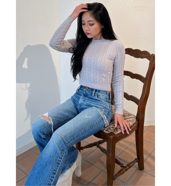 GYDA「ミドルウエストSIDE RIPPEDフレアデニムパンツ」|デニム|