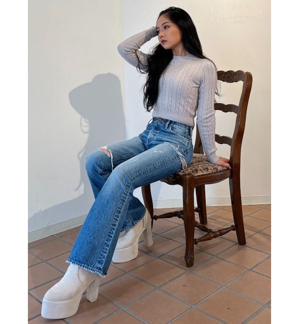 GYDA「ミドルウエストSIDE RIPPEDフレアデニムパンツ」|デニム|