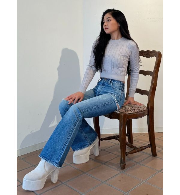 GYDA「ミドルウエストSIDE RIPPEDフレアデニムパンツ」|デニム|