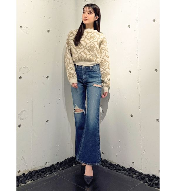 GYDA「ミドルウエストSIDE RIPPEDフレアデニムパンツ」|デニム|