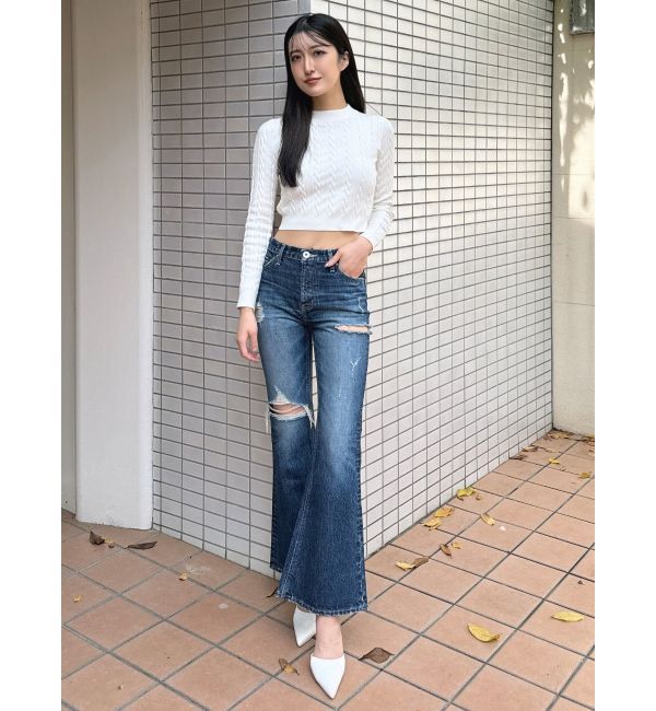 GYDA「ミドルウエストSIDE RIPPEDフレアデニムパンツ」|デニム|