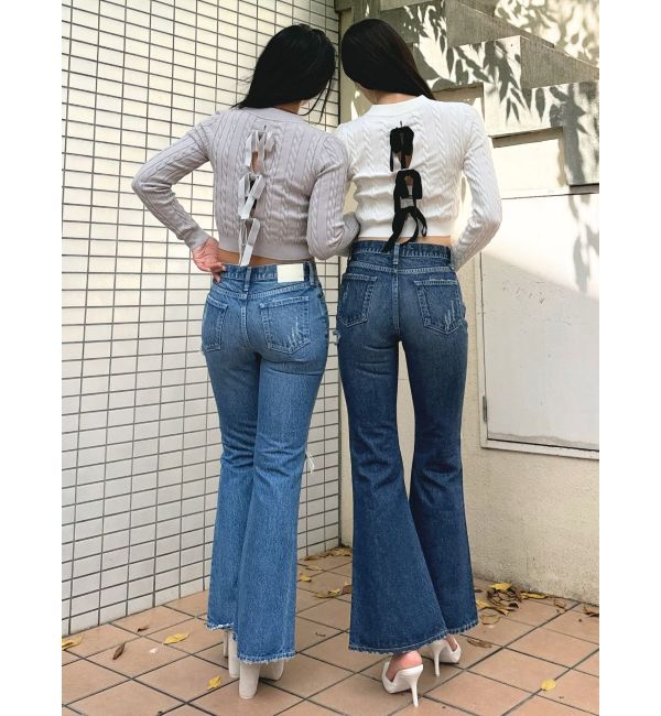 GYDA「ミドルウエストSIDE RIPPEDフレアデニムパンツ」|デニム|