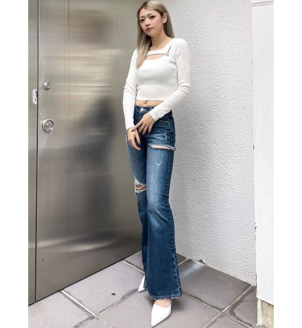 GYDA「ミドルウエストSIDE RIPPEDフレアデニムパンツ」|デニム|