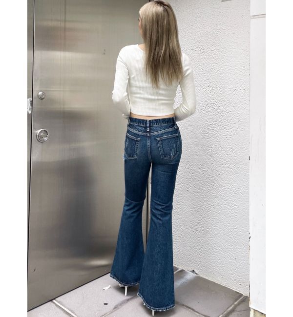 GYDA「ミドルウエストSIDE RIPPEDフレアデニムパンツ」|デニム|