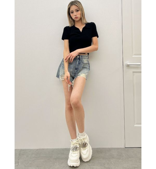 GYDA「BACK OPENハーフスリーブPOLOニットトップス」|ニット・セーター|