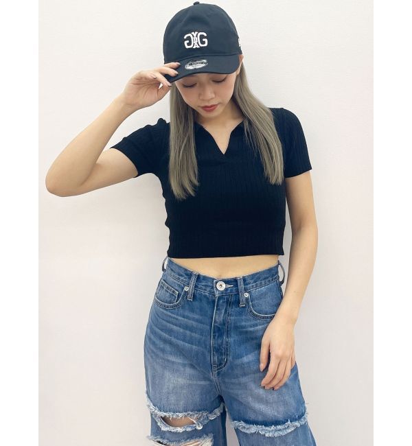 GYDA「BACK OPENハーフスリーブPOLOニットトップス」|ニット・セーター|