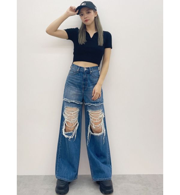 GYDA「BACK OPENハーフスリーブPOLOニットトップス」|ニット・セーター|