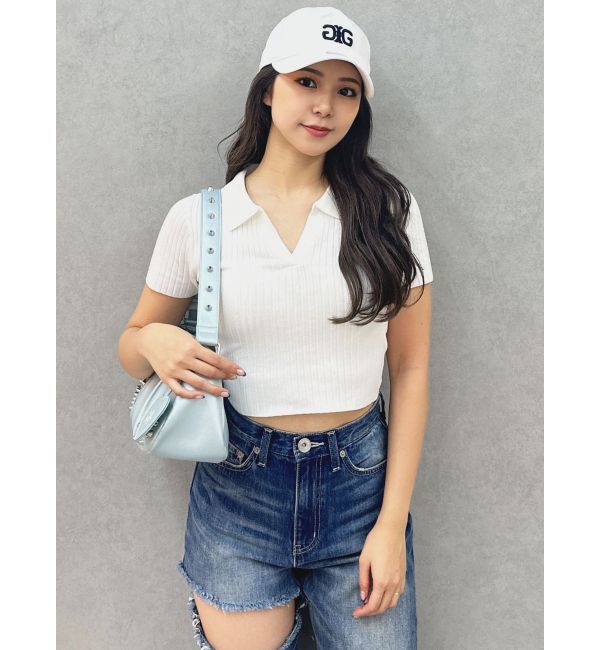 GYDA「BACK OPENハーフスリーブPOLOニットトップス」|ニット・セーター|