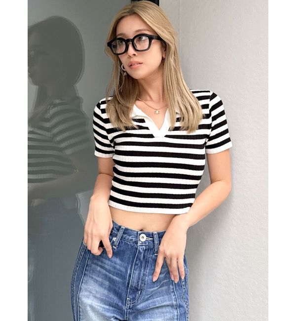 GYDA「BACK OPENハーフスリーブPOLOニットトップス」|ニット・セーター|