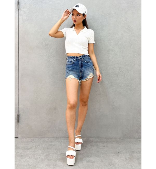 GYDA「BACK OPENハーフスリーブPOLOニットトップス」|ニット・セーター|