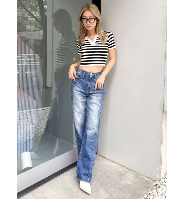 GYDA「BACK OPENハーフスリーブPOLOニットトップス」|ニット・セーター|