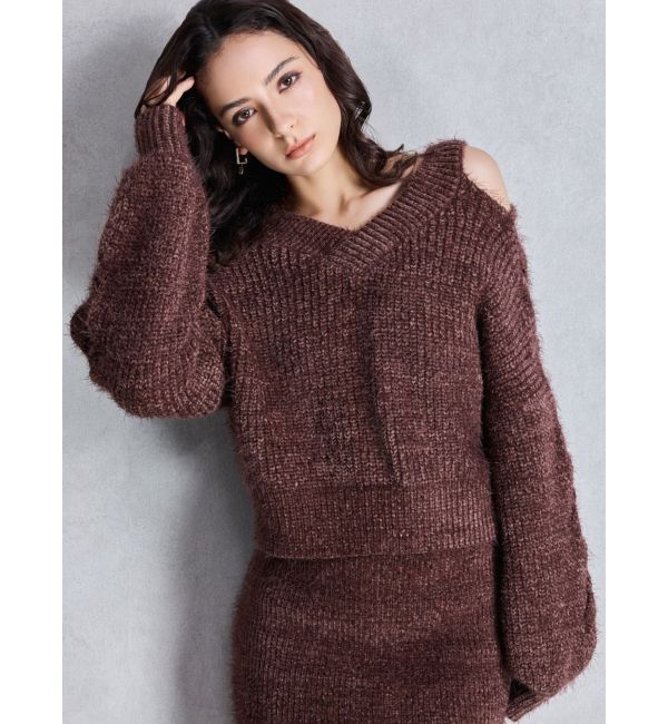 GYDA「レースアップシャギーニットトップス」|ニット・セーター|ブラウン
