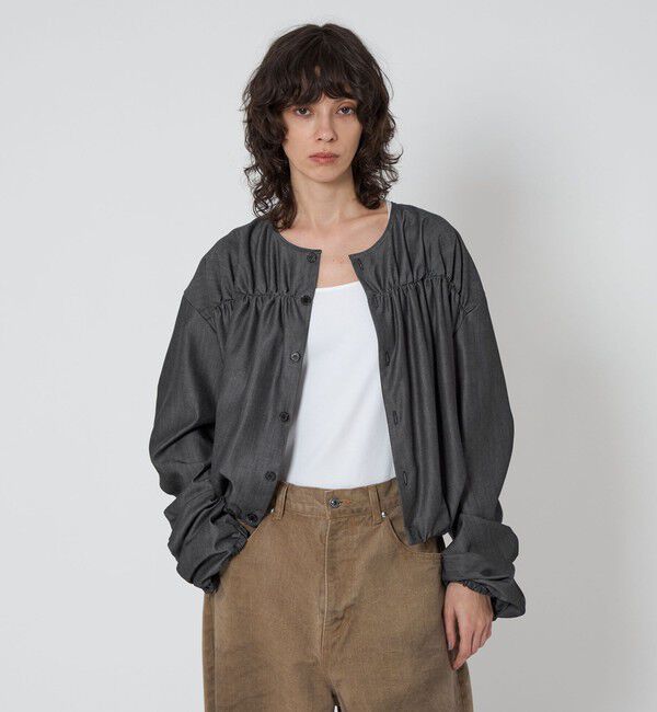 ASTRAET「＜ASTRAET＞デニムライク ギャザー ノーカラーブラウス」|シャツ・ブラウス|
