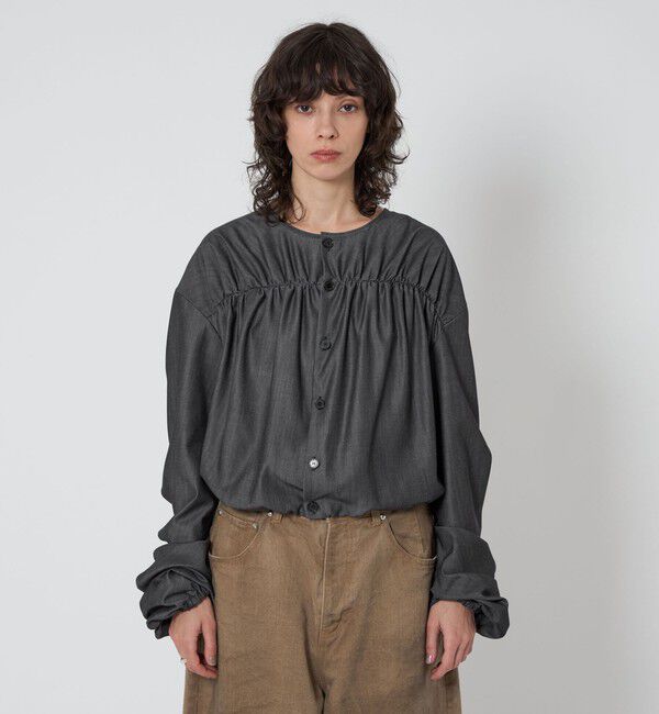 ASTRAET「＜ASTRAET＞デニムライク ギャザー ノーカラーブラウス」|シャツ・ブラウス|