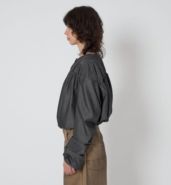 ASTRAET「＜ASTRAET＞デニムライク ギャザー ノーカラーブラウス」|シャツ・ブラウス|