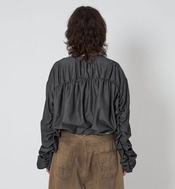 ASTRAET「＜ASTRAET＞デニムライク ギャザー ノーカラーブラウス」|シャツ・ブラウス|