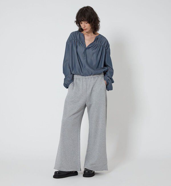 ASTRAET「＜ASTRAET＞デニムライク ギャザー ノーカラーブラウス」|シャツ・ブラウス|