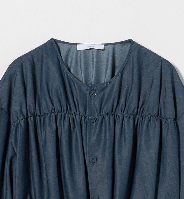 ASTRAET「＜ASTRAET＞デニムライク ギャザー ノーカラーブラウス」|シャツ・ブラウス|
