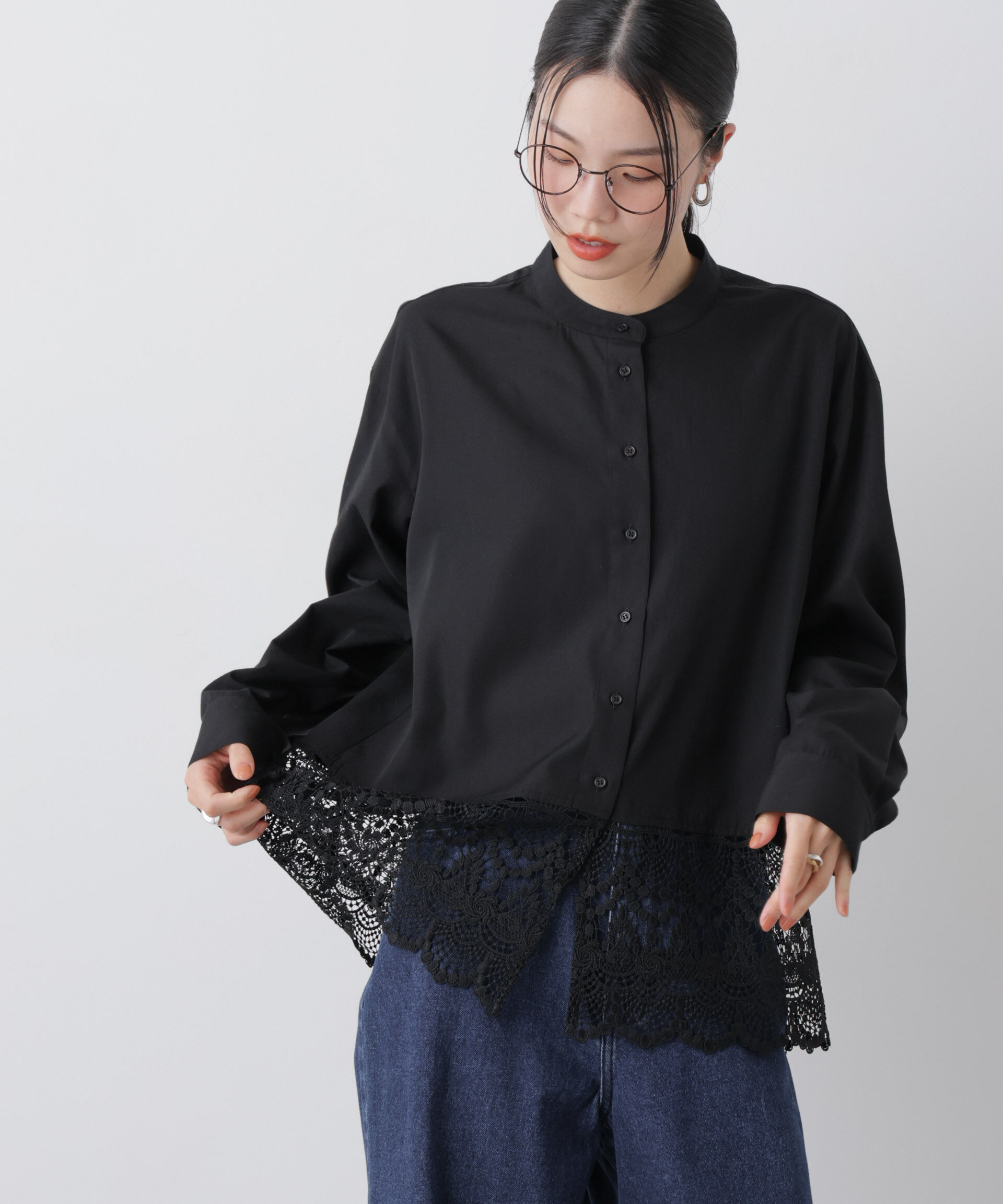 nano･universe「スカラレースコンビスタンドカラーシャツ」|シャツ・ブラウス|ブラック