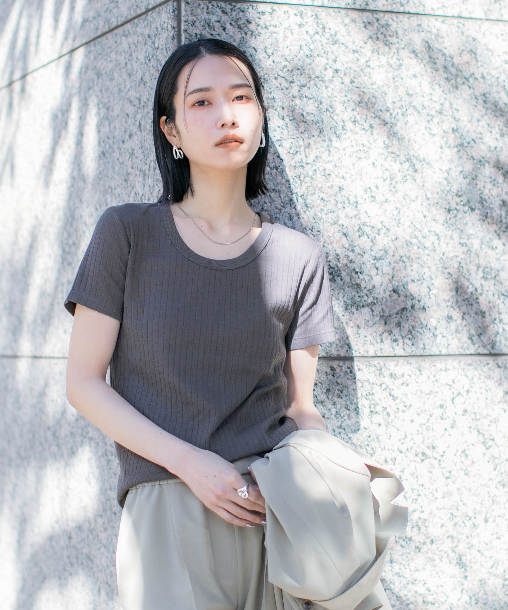 nano･universe「Anti Soaked(R) 汗染み防止コンパクトリブTシャツ」|Tシャツ・カットソー|チャコール3