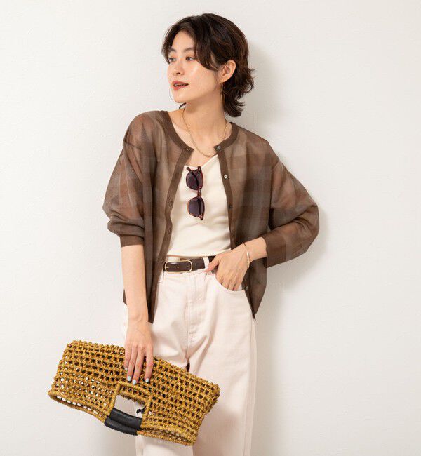 Rie Miller「《手洗い可能》シアーブロックチェック2WAYクルーネックカーディガン」|カーディガン|