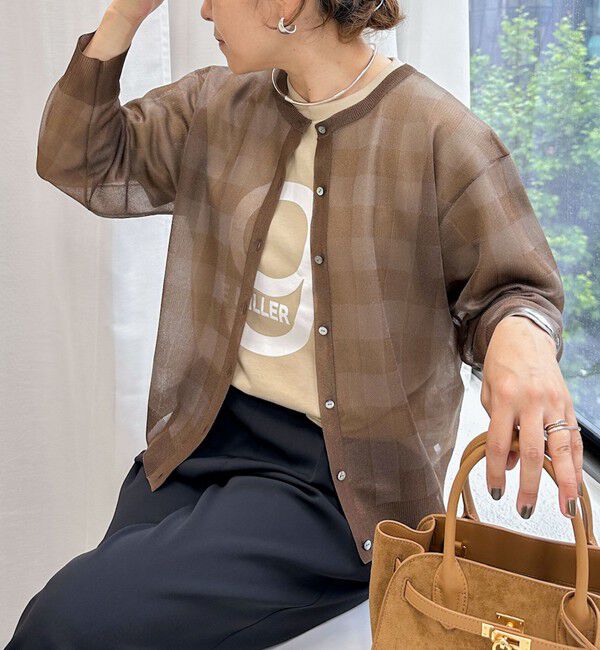 Rie Miller「《手洗い可能》シアーブロックチェック2WAYクルーネックカーディガン」|カーディガン|