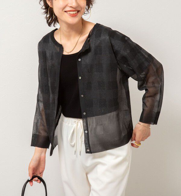 Rie Miller「《手洗い可能》シアーブロックチェック2WAYクルーネックカーディガン」|カーディガン|