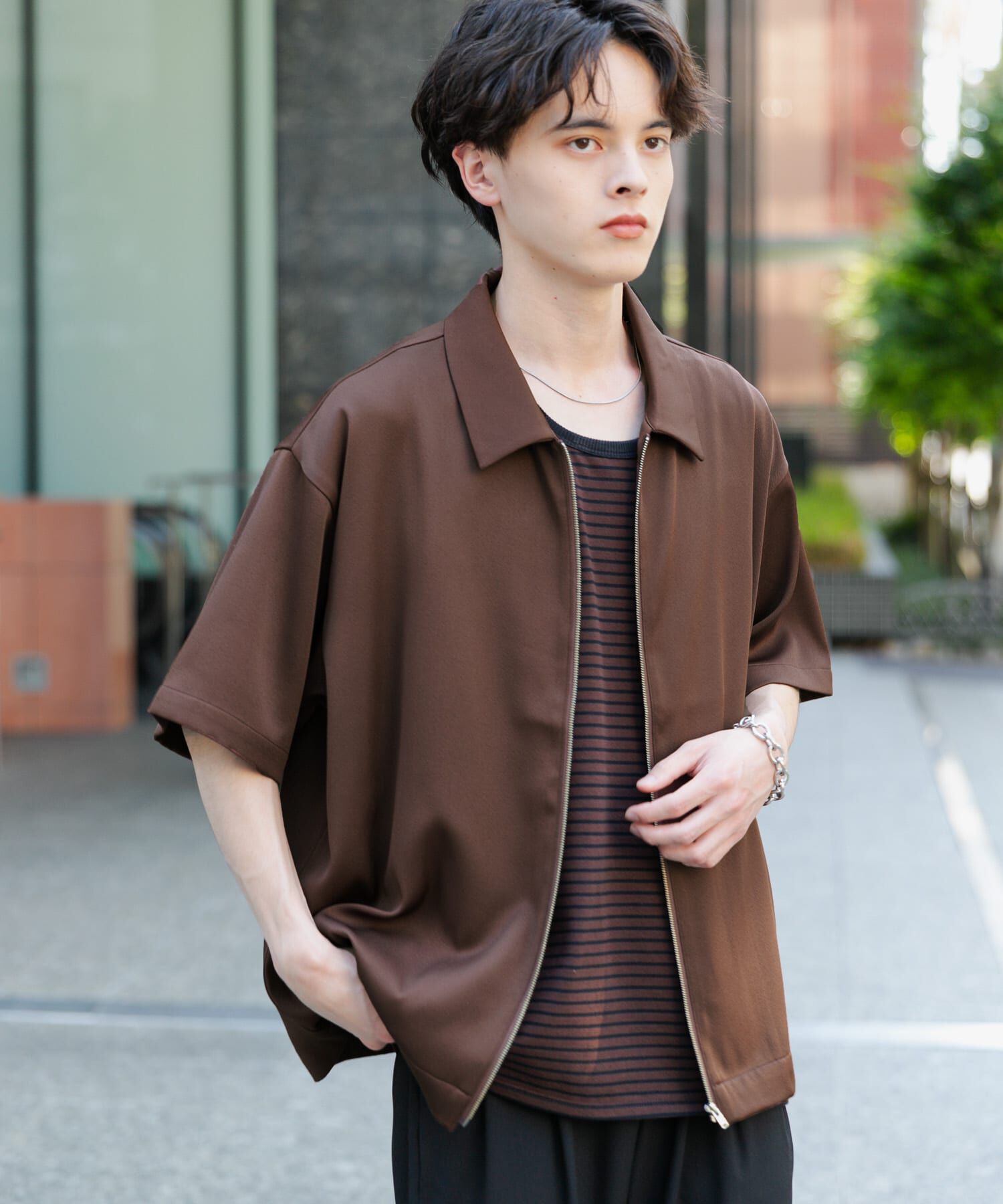 SENSE OF PLACE by URBAN RESEARCH「ZIPショートスリーブルーズシャツ」|シャツ・ブラウス|ブラウン