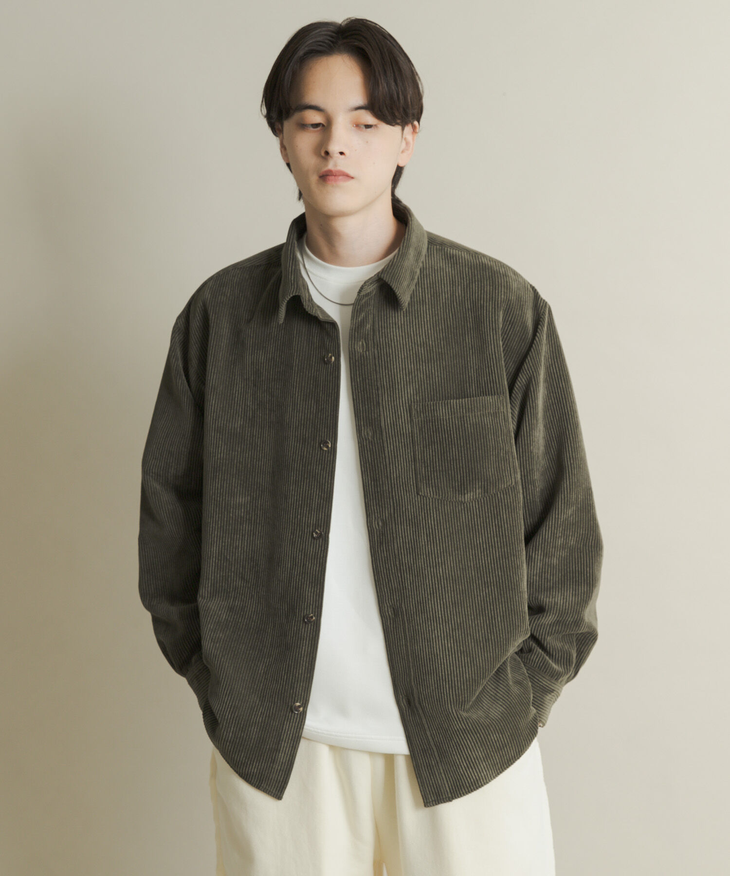 SENSE OF PLACE by URBAN RESEARCH「『ユニセックス』ウォッシュドコーデュロイロングスリーブシャツ」|シャツ・ブラウス|グリーン