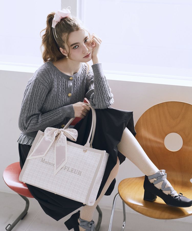 Maison de FLEUR「スカーフ付きツイードスクエアトートバッグ」|ハンドバッグ|ピンク