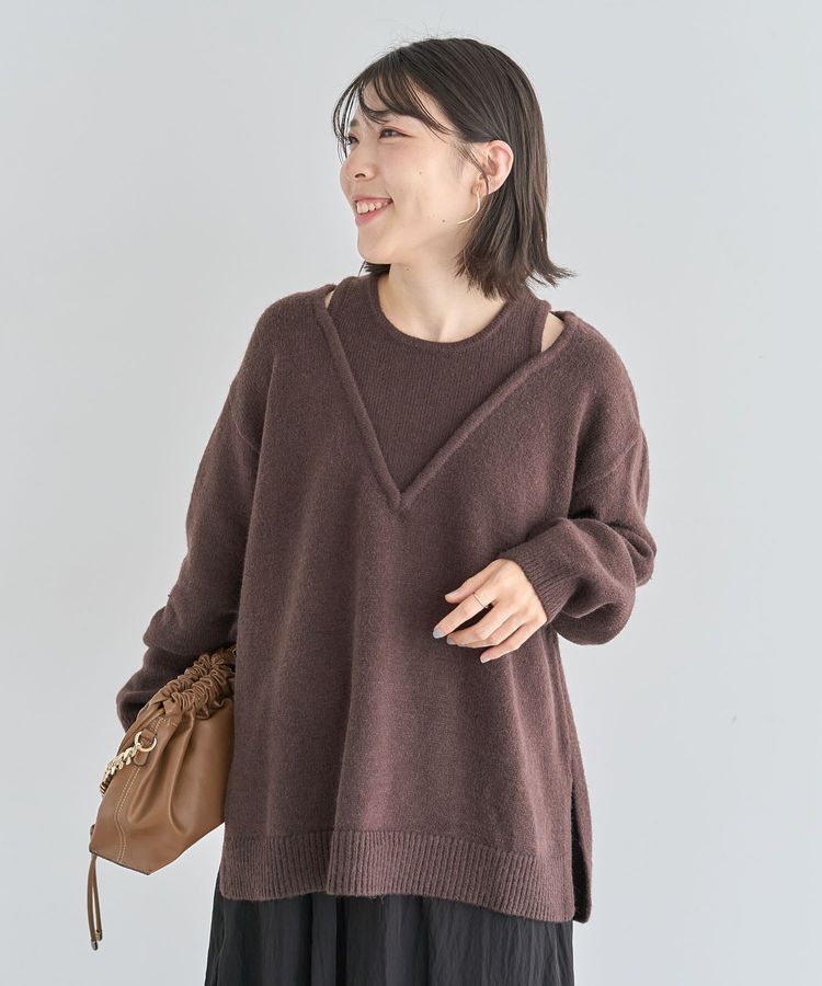 Green Parks「フェイクレイヤードVネックニットプルオーバー」|ニット・セーター|Brown