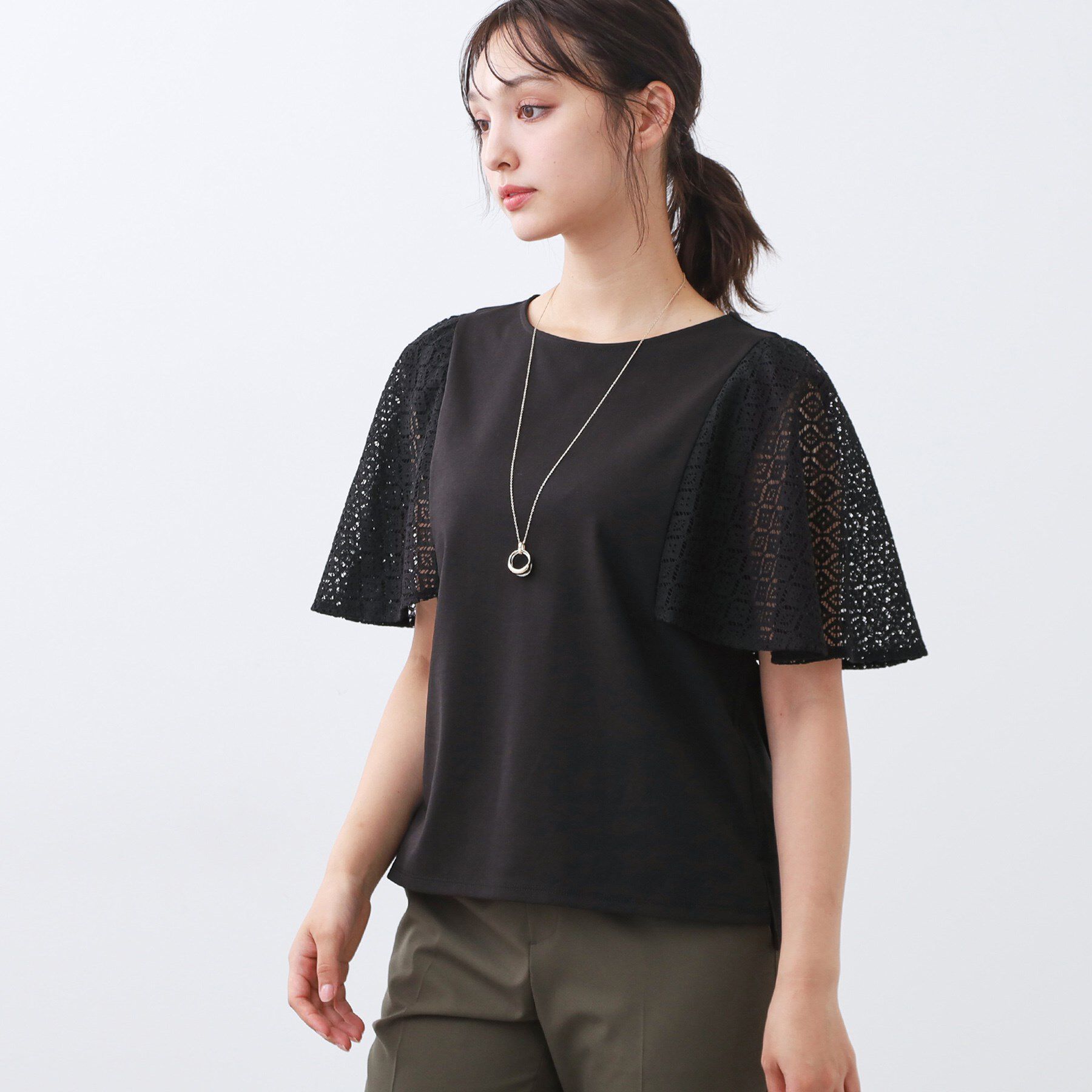 Reflect「幾何レーススリーブプルオーバージャージ」|Tシャツ・カットソー|ブラック(019)