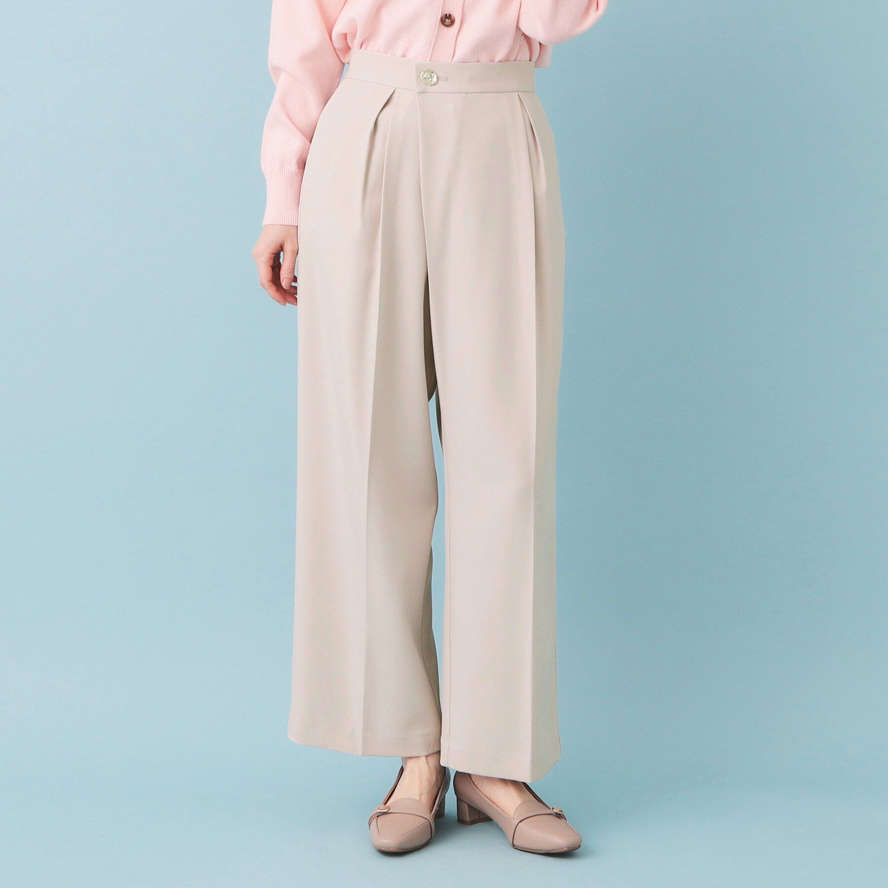 index「フロントラップ風ハイウエストワイドパンツ【洗濯機OK/ストレッチ/イージーアイロン】」|その他|グレージュ(050)