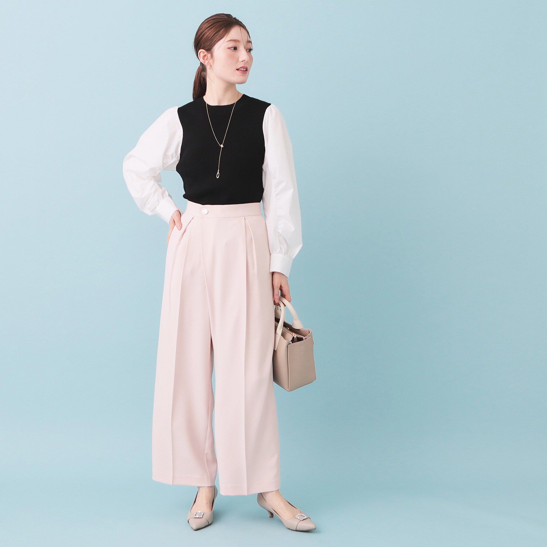 index「フロントラップ風ハイウエストワイドパンツ【洗濯機OK/ストレッチ/イージーアイロン】」|その他|