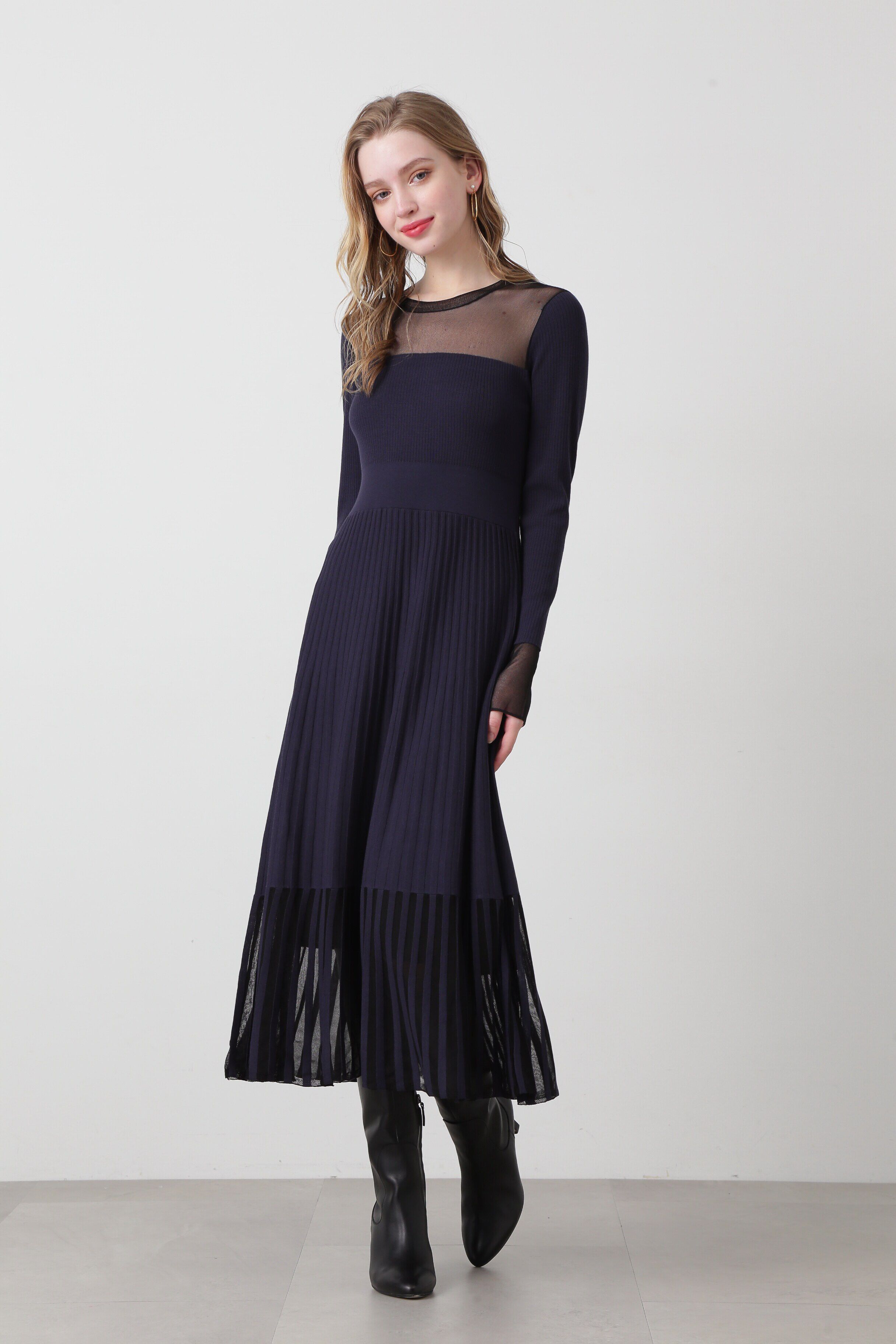  「◆シアーコンビフレアーニットワンピース」|ワンピース|