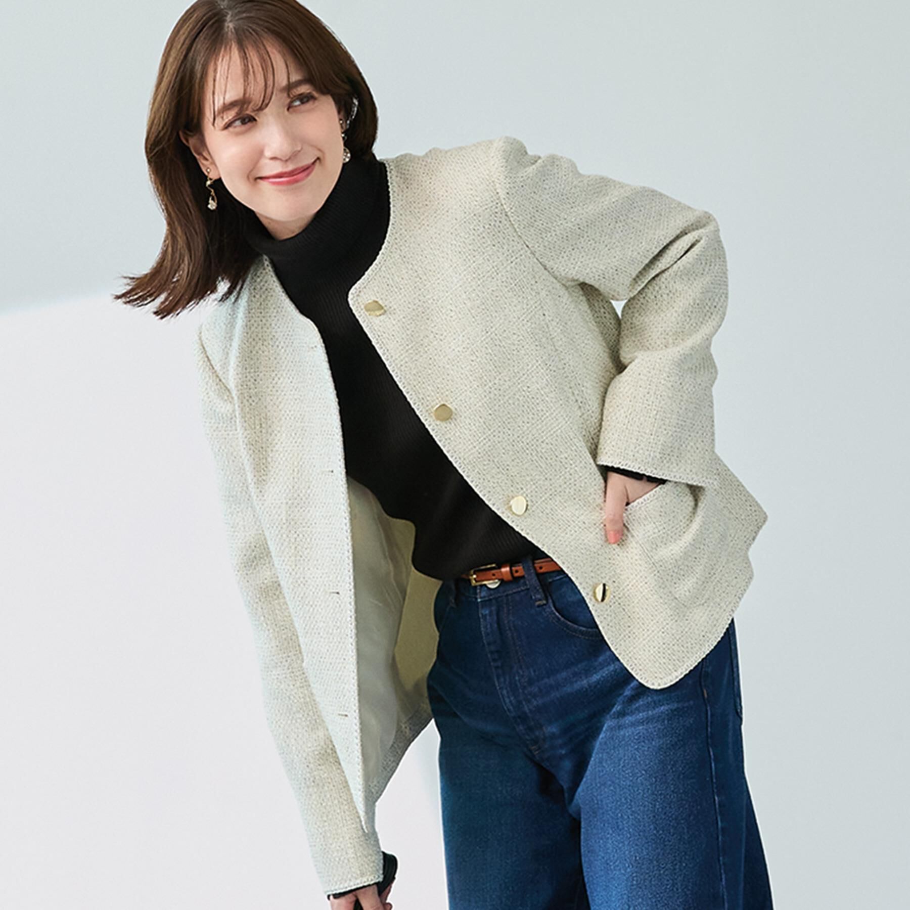 SHOO･LA･RUE「【S-3L】柔らかく軽い ライトツイードジャケット」|ノーカラージャケット|