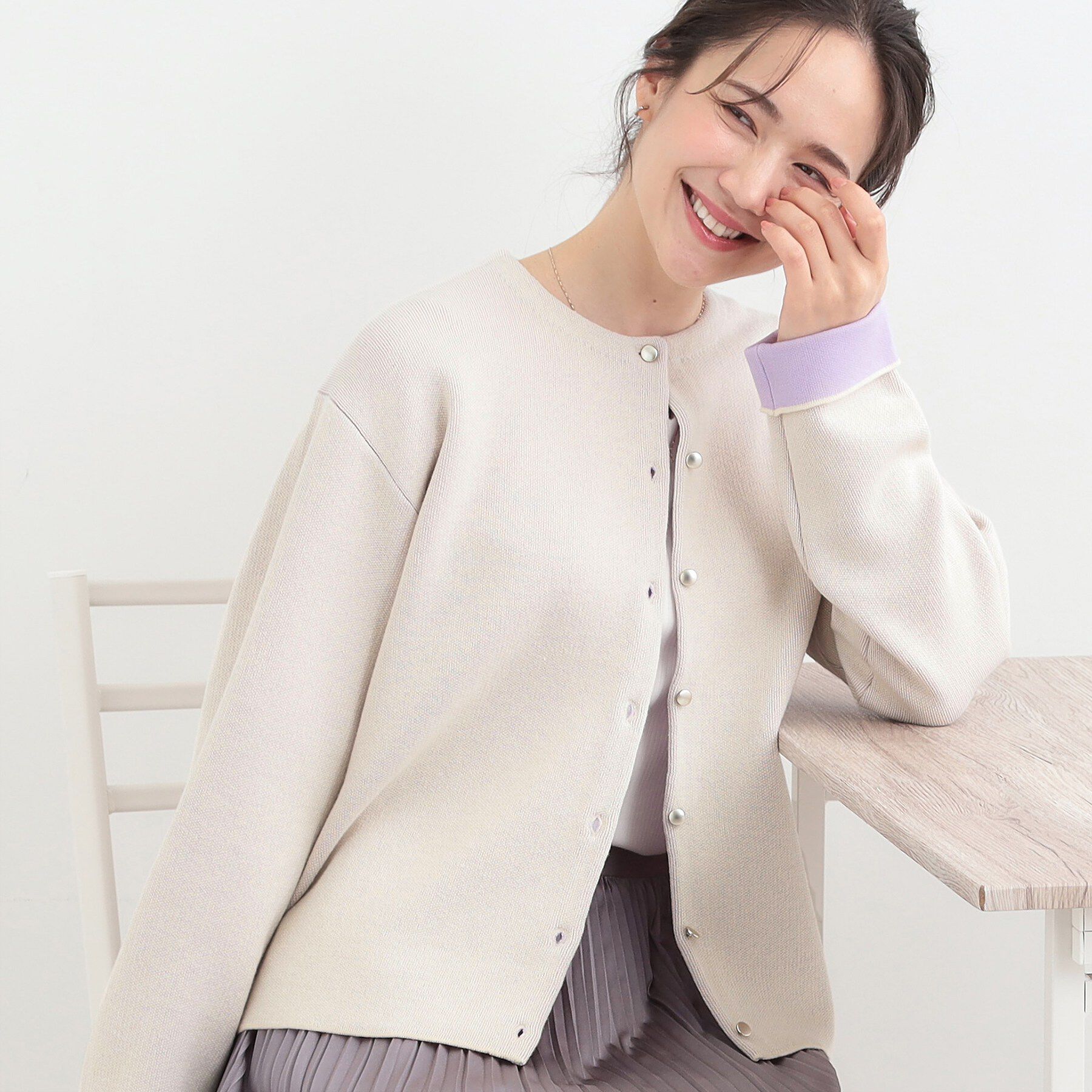 SHOO･LA･RUE「【洗濯機可/S-LL】品良くきまる ダブルフェイス 配色カーディガン」|カーディガン|オフホワイト(003