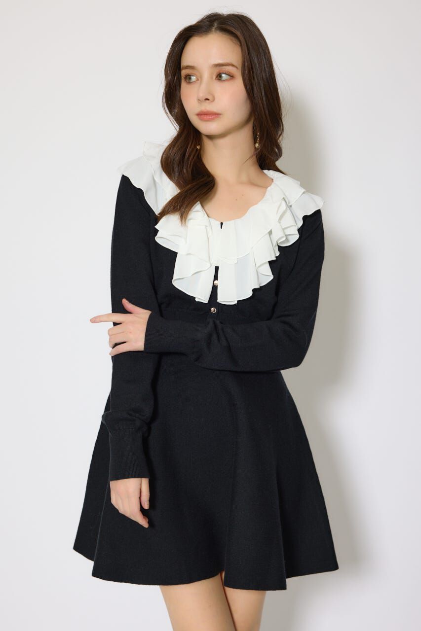 rienda「フリルカラーニットカーディガンセットワンピース」|ワンピース|BLK