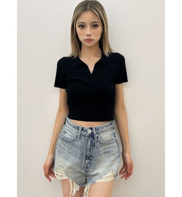 GYDA「BACK OPENハーフスリーブPOLOニットトップス」|ニット・セーター|