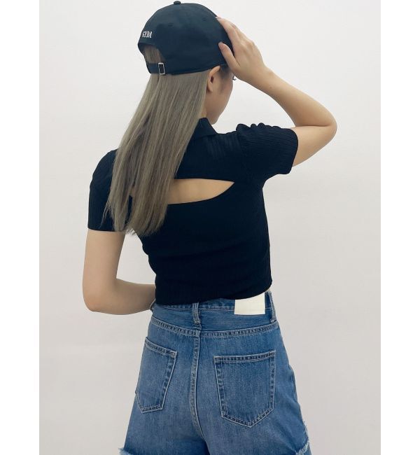 GYDA「BACK OPENハーフスリーブPOLOニットトップス」|ニット・セーター|